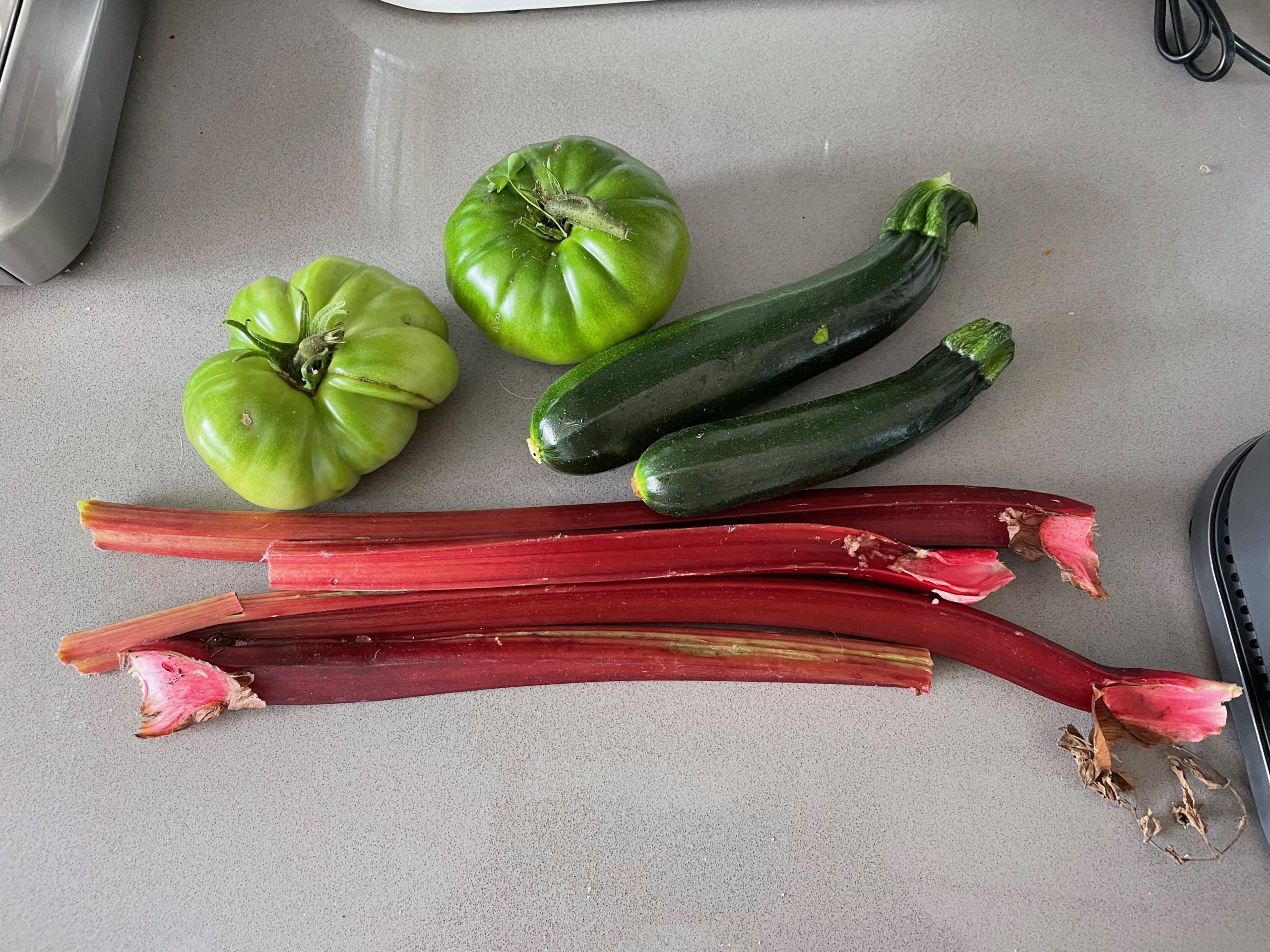 Unripe black russian tomato, zuchinni, rhubarb